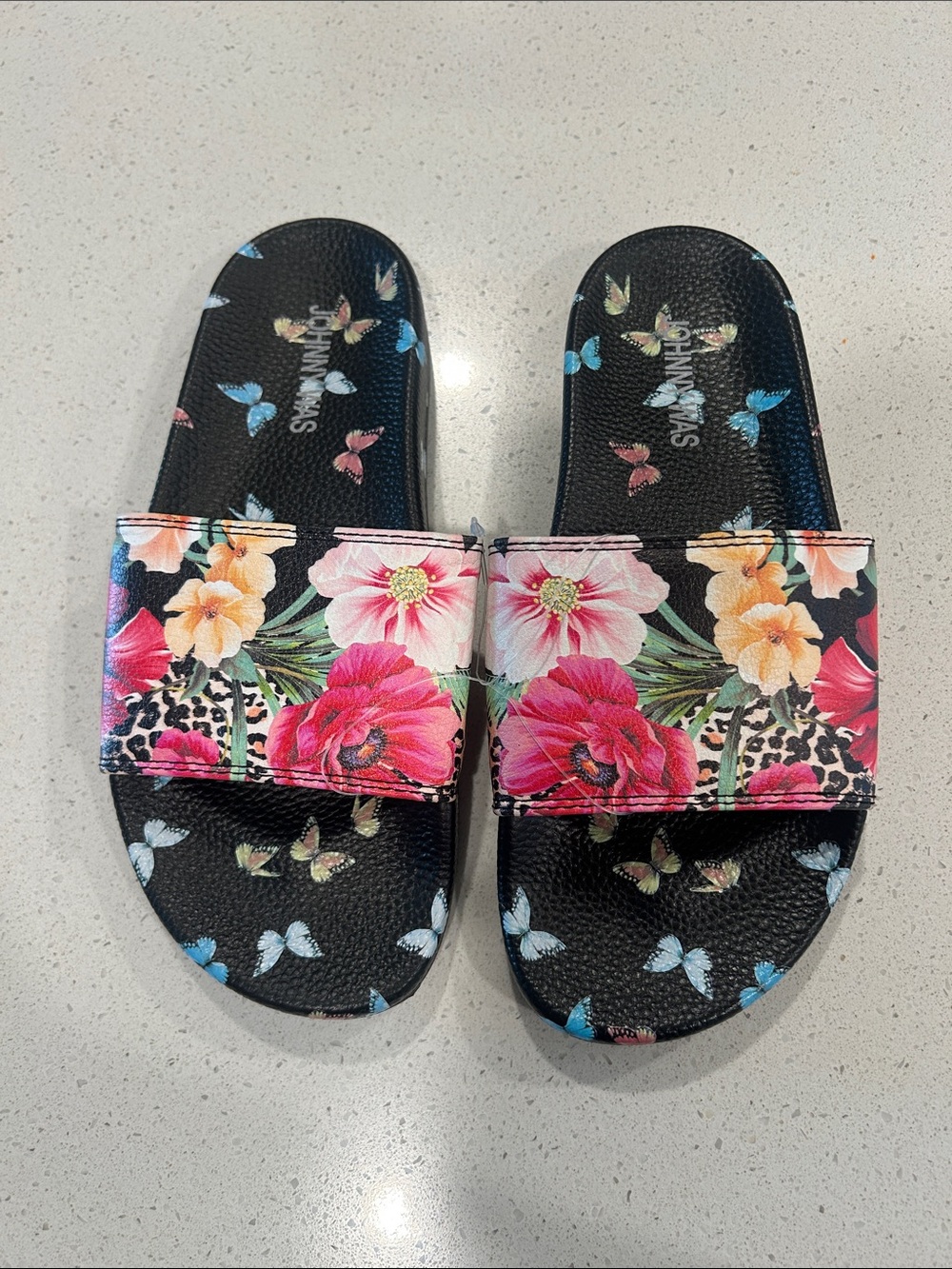 Johnny Was Black Slide Sandals with Pink and Yellow Floral Print